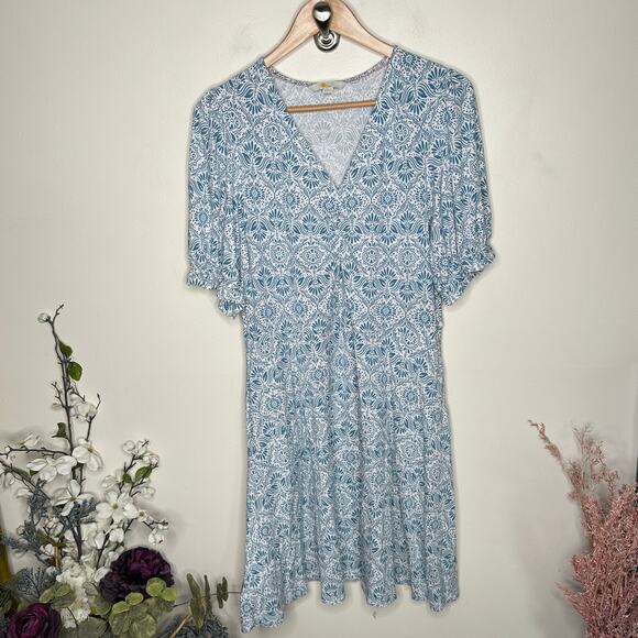 BODEN V-Neck Jersey Dress Dusty Blue Ditsy Prairie Floral Sz 12 Reg {3A16} - Picture 4 of 7